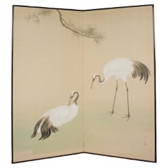 B20 Japanese Antiques 2panels, Paper, folding Screen with Pine Tree and Crane