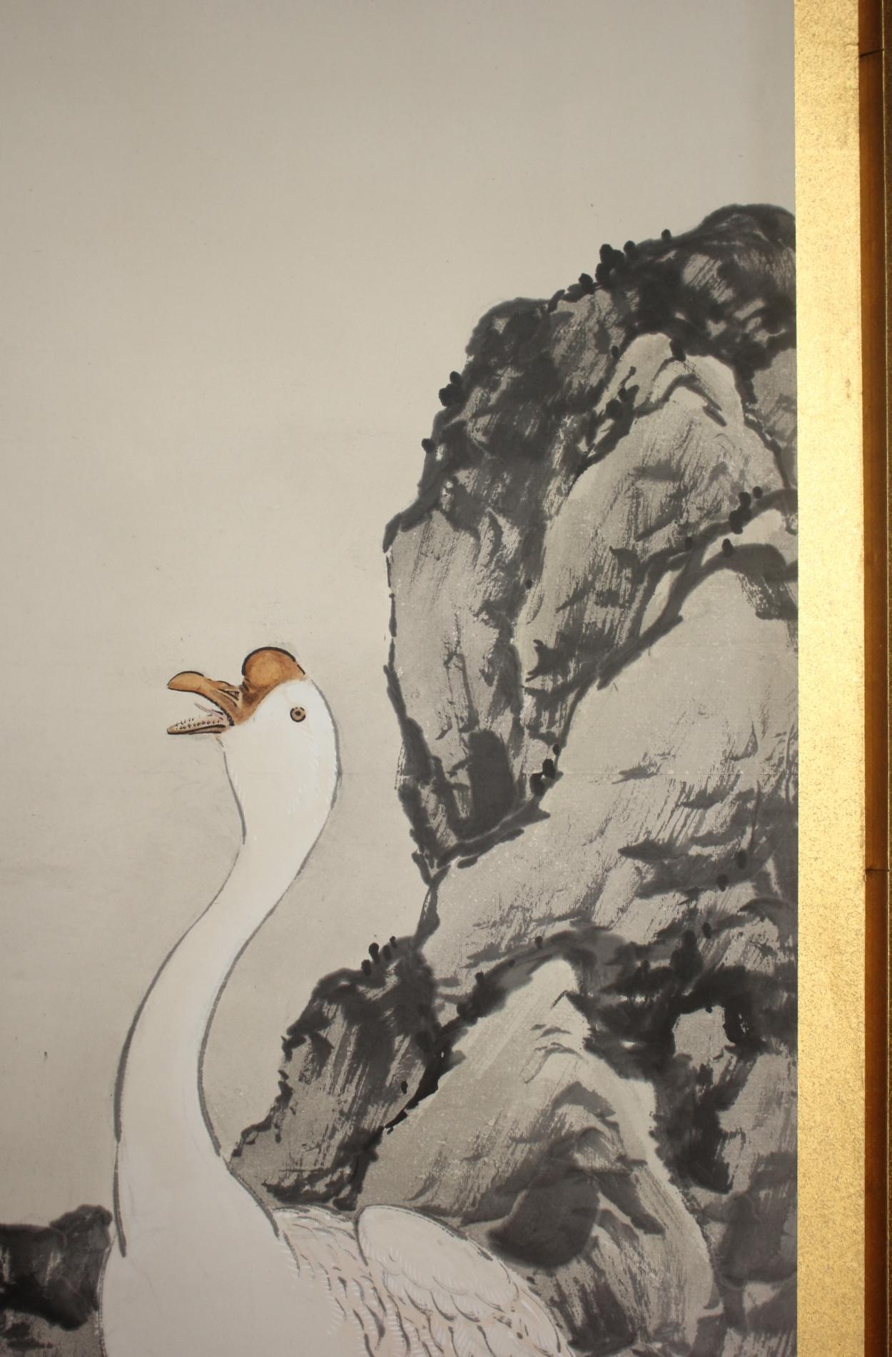 B3 Japanese Antiques 6-panel, gold back, flower & bird duck, folding screen en venta 3