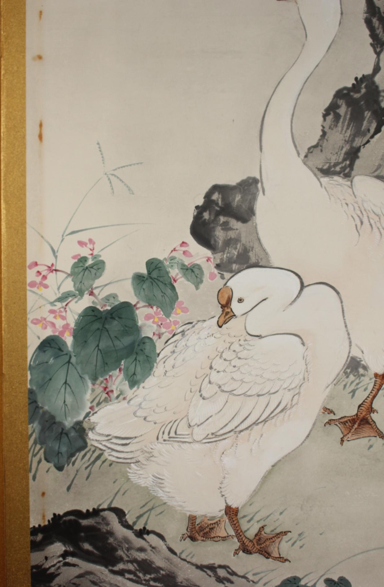 B3 Japanese Antiques 6-panel, gold back, flower & bird duck, folding screen en venta 4