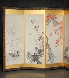 B3 Japanese Antiques 6-panel, gold back, flower & bird duck, folding screen
