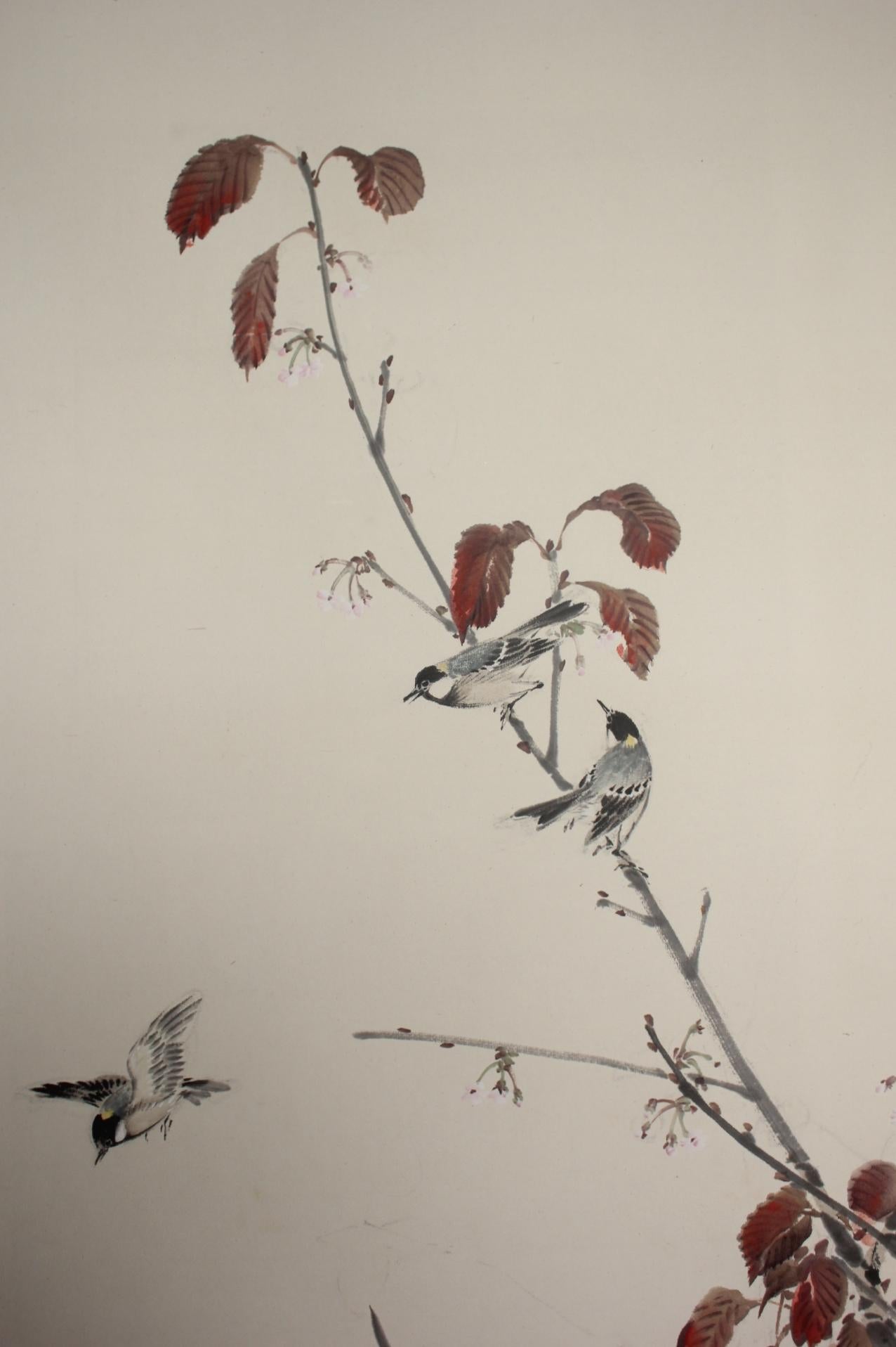 B3 Japanese Antiques 6-panel, gold back, flower & bird duck, folding screen en Bueno estado para la venta en Niiza, JP