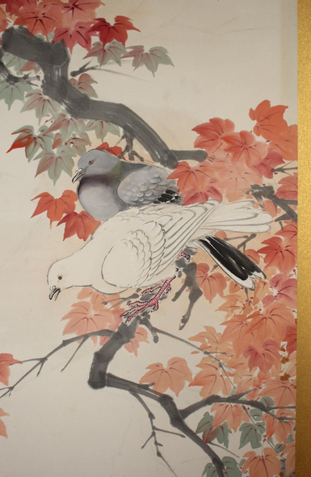 B3 Japanese Antiques 6-panel, gold back, flower & bird duck, folding screen Papel en venta