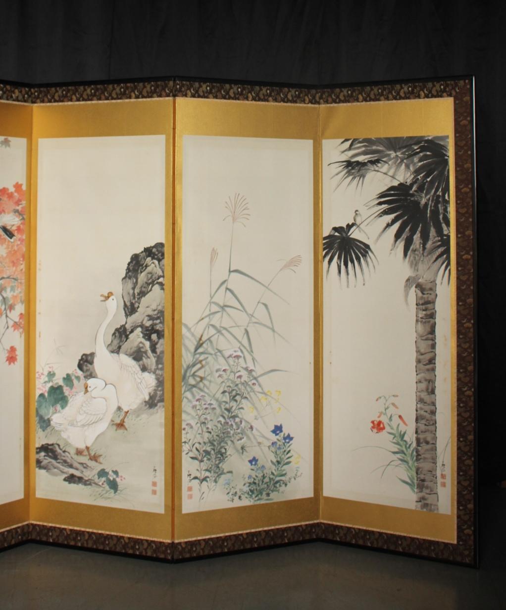 B3 Japanese Antiques 6-panel, gold back, flower & bird duck, folding screen en venta 1