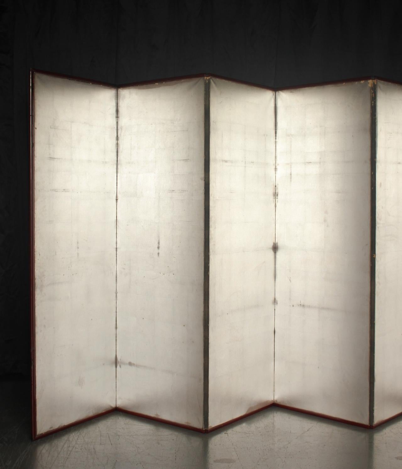 B30 Japanische Antiquitäten 6Paneele, Silberpapier, Folding Screen, rotgerahmt im Angebot 8