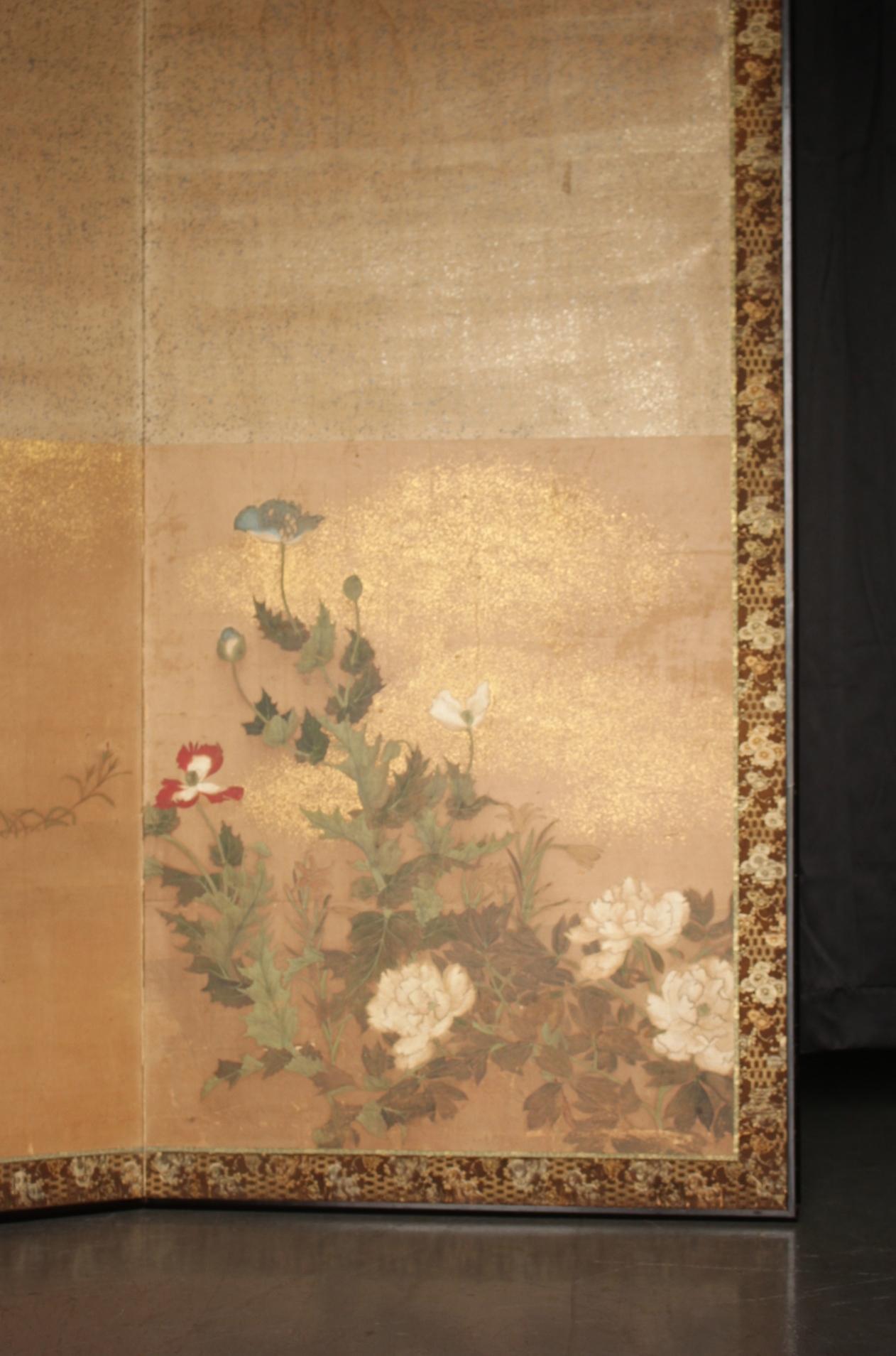B31 Japanische Antiquitäten 2Tafeln, Papier, Foldes Bildschirm mit Blume (Handbemalt) im Angebot