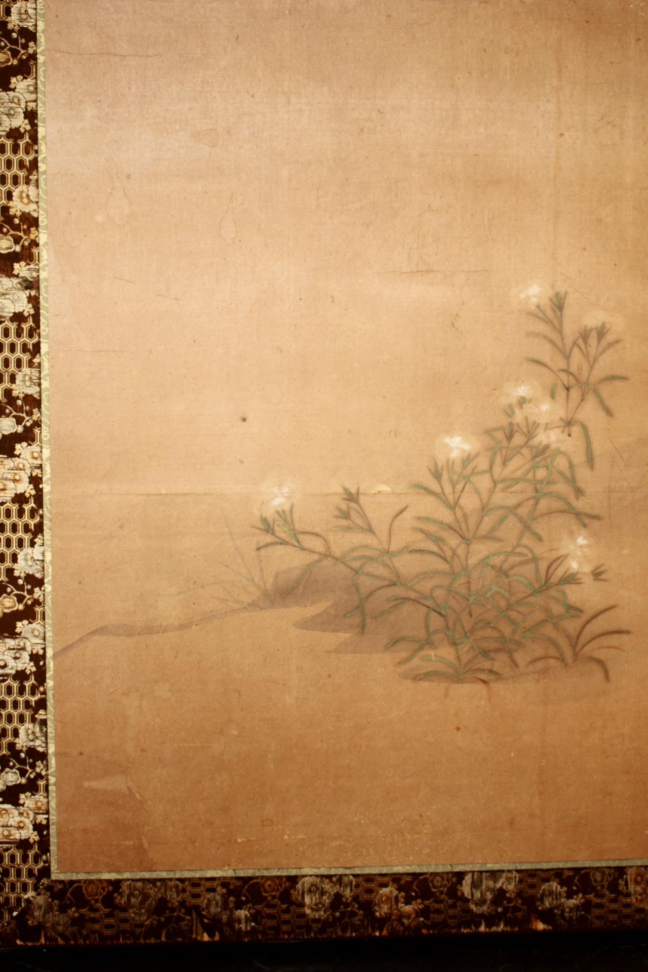 B31 Japanische Antiquitäten 2Tafeln, Papier, Foldes Bildschirm mit Blume im Angebot 2