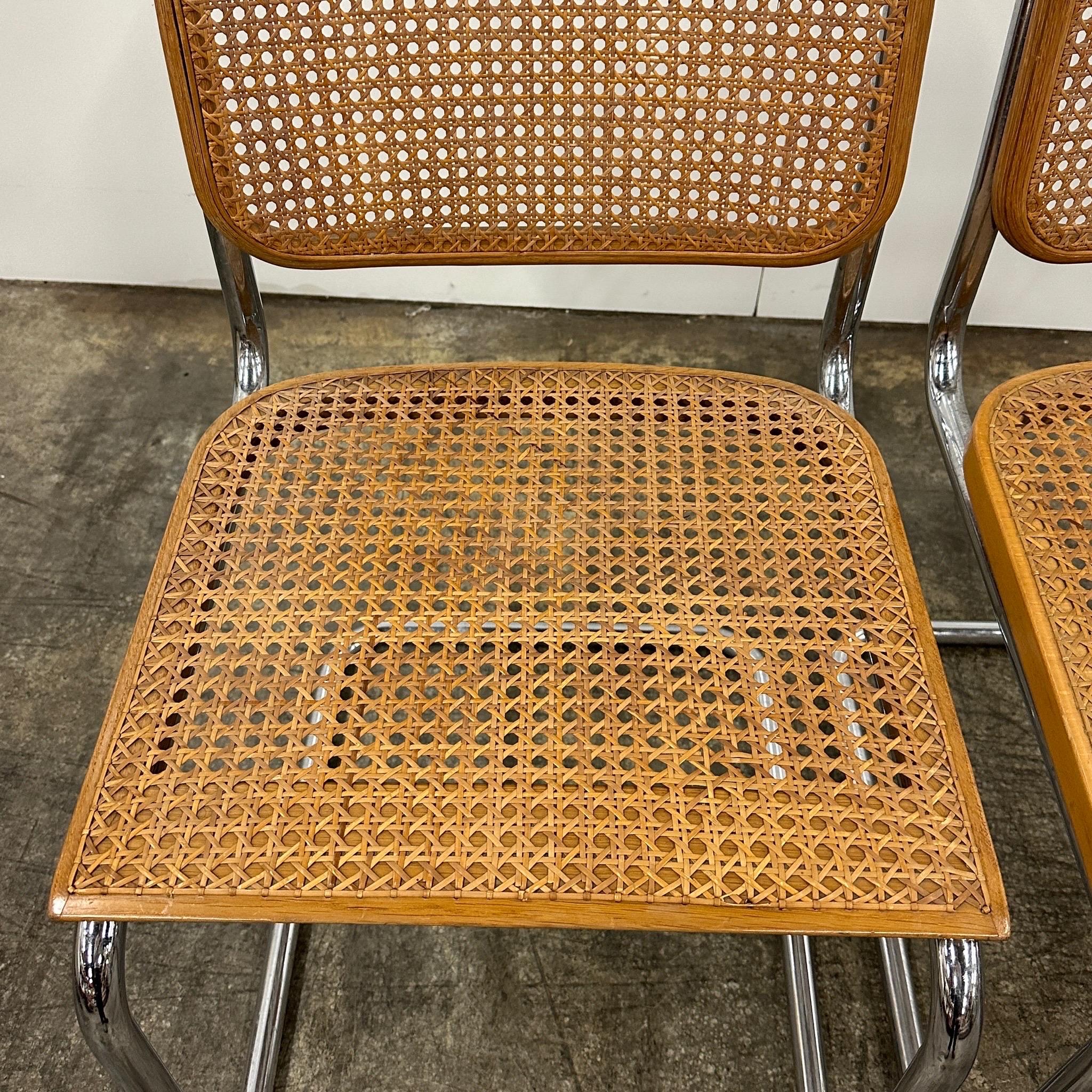 c. 1960s. Price is for the set. Contact us if you’d like to purchase a single item. These Cesca chairs are an original example of the armless B32 chair by Marcel Breuer. They are extremely rare in this condition, especially for a set of four. These