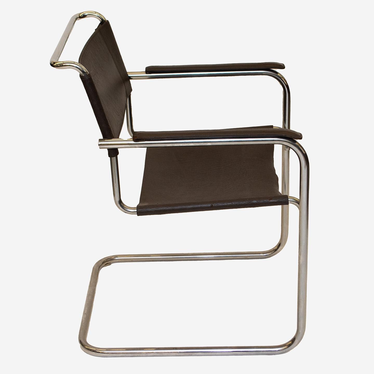 Mid-Century Modern B34 Bauhaus Leather Arm Chairs by Marcel Breuer, Pair