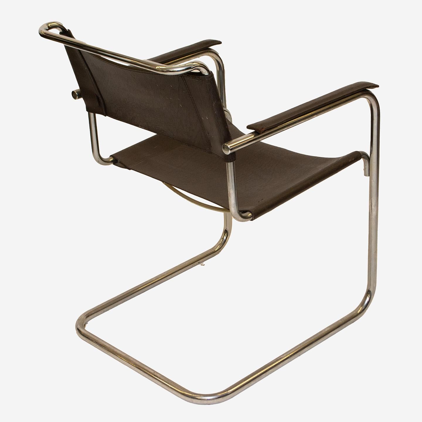 Italian B34 Bauhaus Leather Arm Chairs by Marcel Breuer, Pair