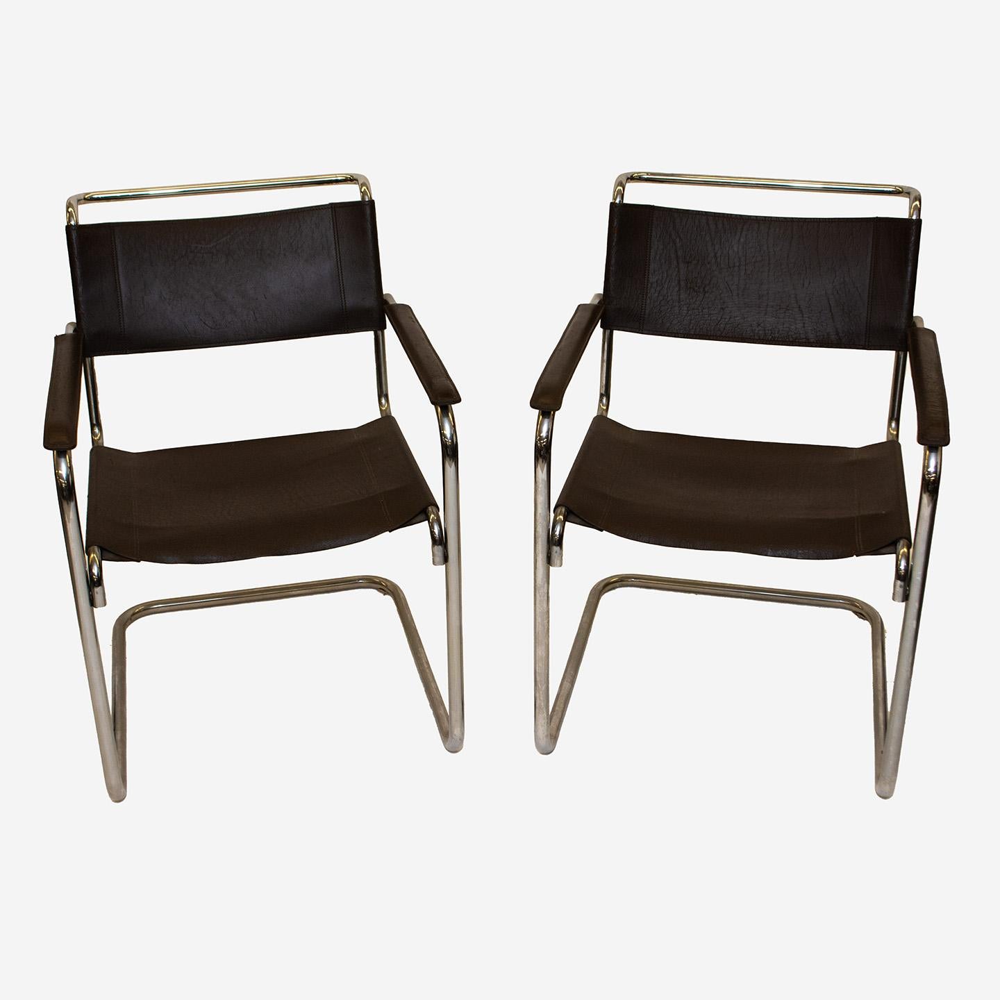 Mid-20th Century B34 Bauhaus Leather Arm Chairs by Marcel Breuer, Pair