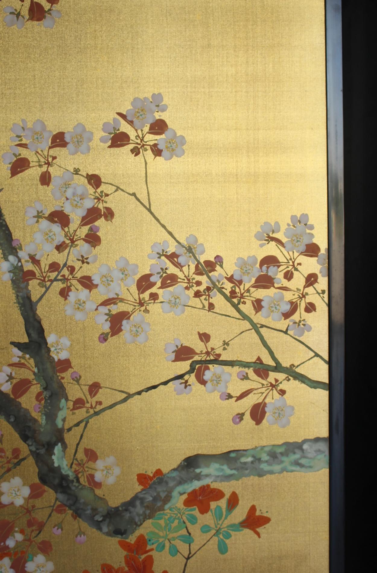 B35 Japanese Antiques Gold background flowers folding screen, 2-panel For Sale 8