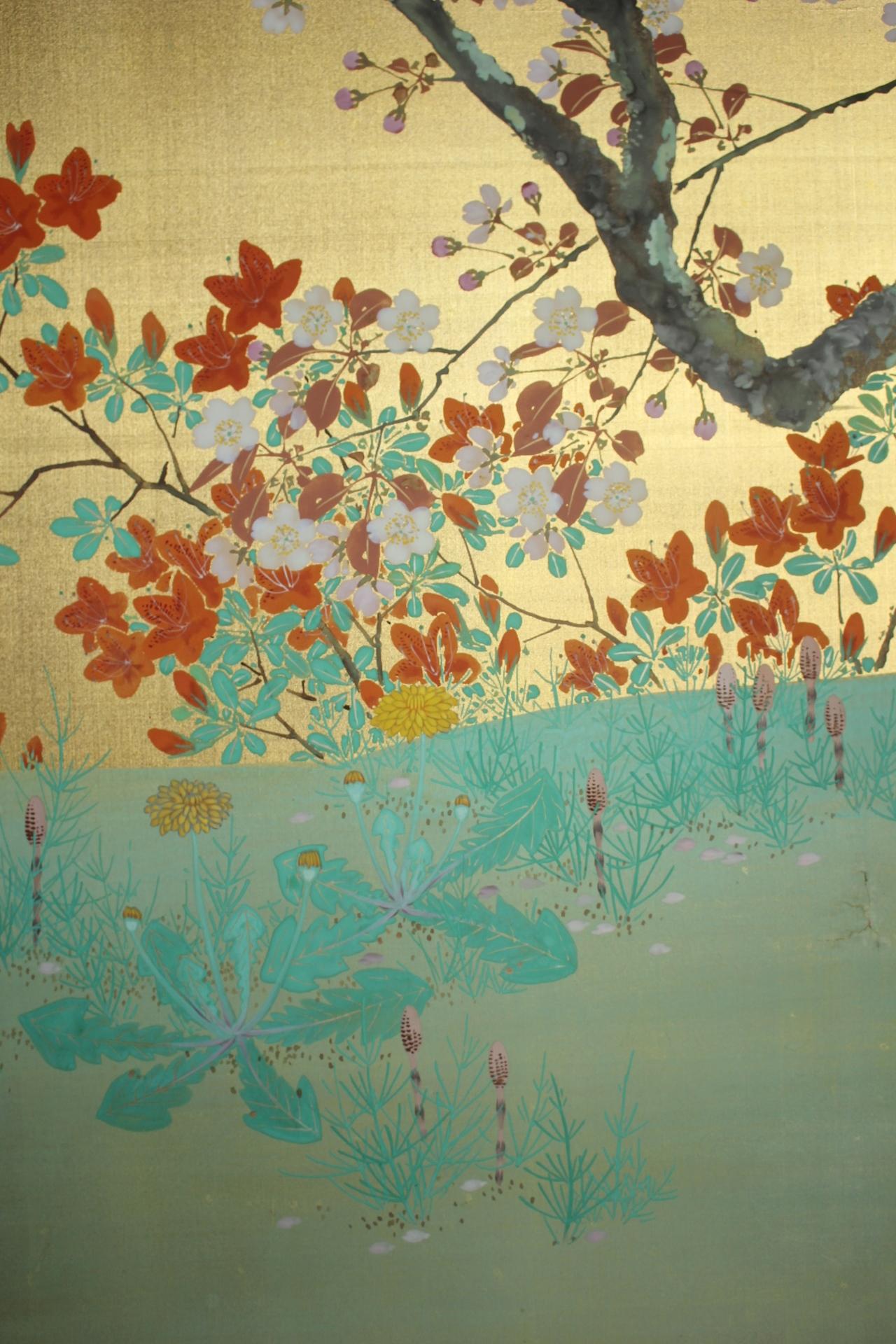 B35 Japanese Antiques Gold background flowers folding screen, 2-panel For Sale 11