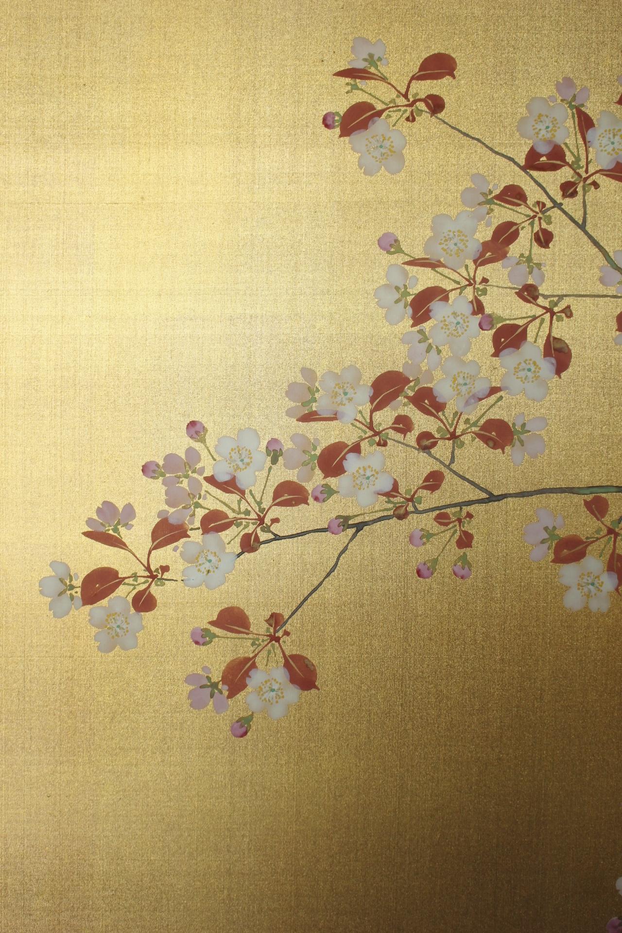 B35 Japanese Antiques Gold background flowers folding screen, 2-panel For Sale 1
