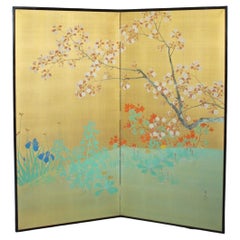 B35 Japanese Antiques Gold background flowers folding screen, 2-panel