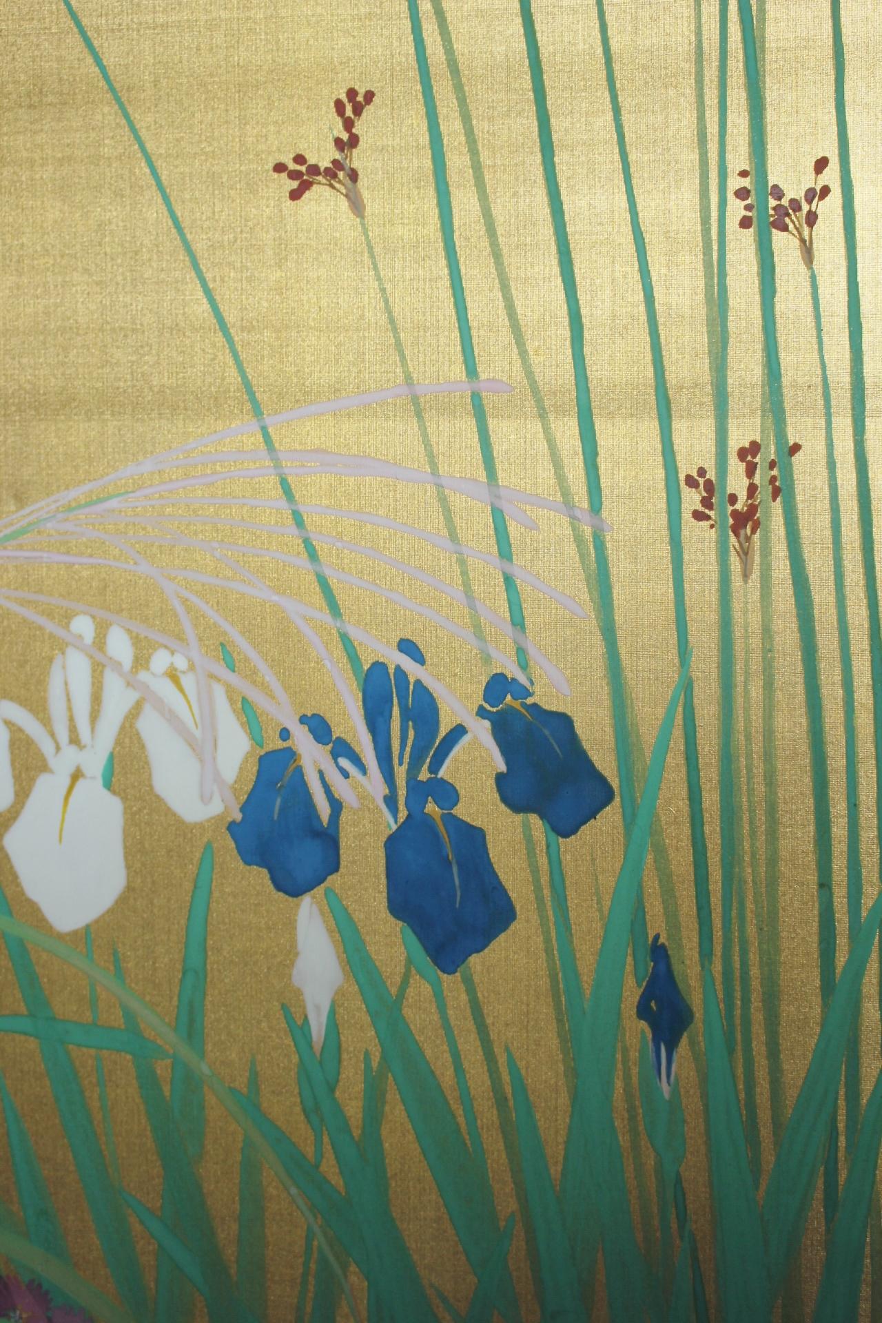 B36 Japanese Antiques Gold background flowers folding screen, 2-panel For Sale 10
