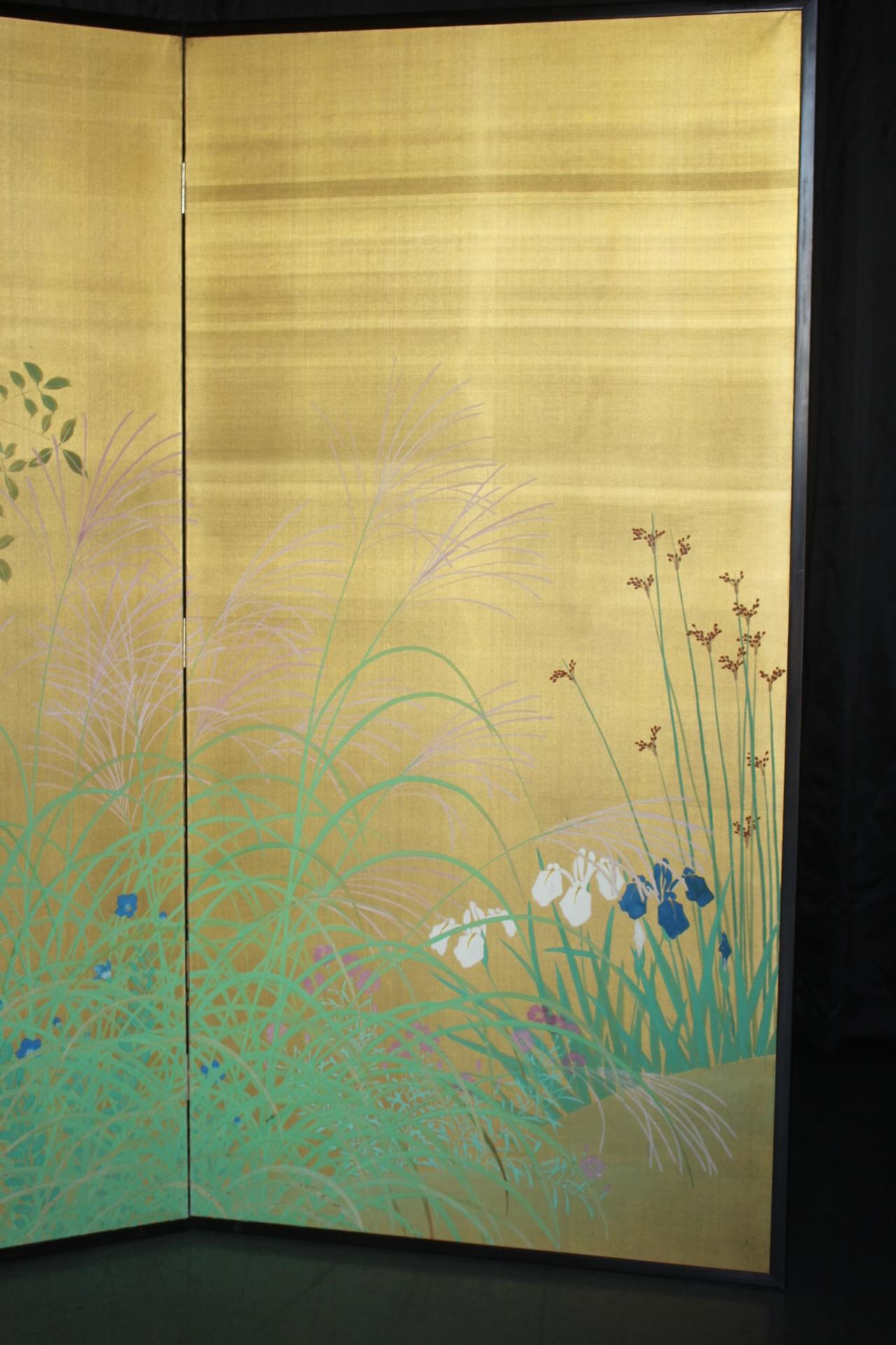 Hand-Painted B36 Japanese Antiques Gold background flowers folding screen, 2-panel For Sale