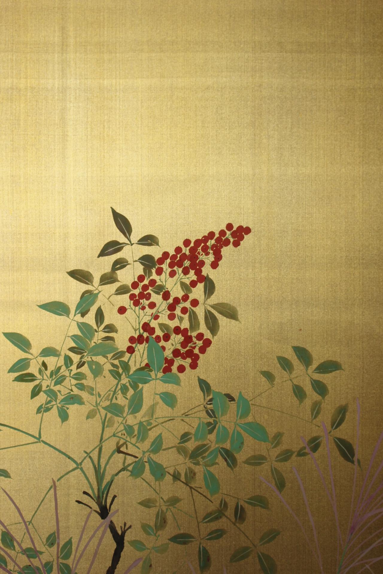 B36 Japanese Antiques Gold background flowers folding screen, 2-panel In Fair Condition For Sale In Niiza, JP