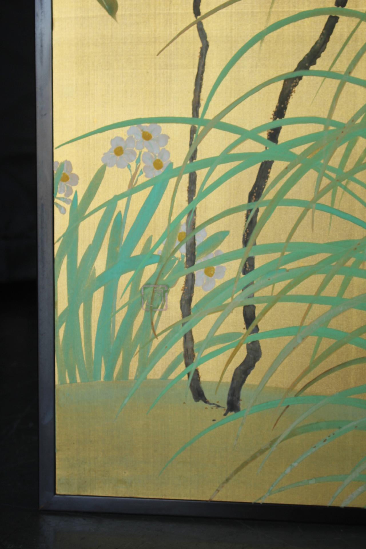 B36 Japanese Antiques Gold background flowers folding screen, 2-panel For Sale 1