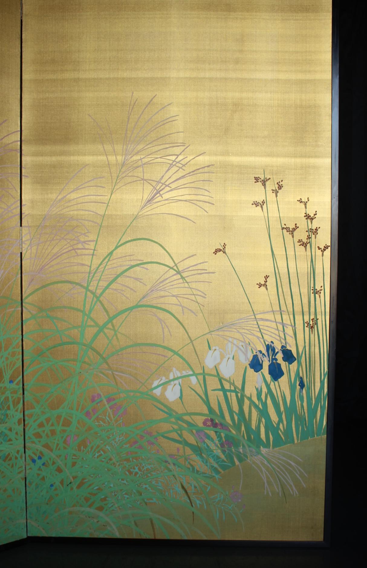 B36 Japanese Antiques Gold background flowers folding screen, 2-panel For Sale 3
