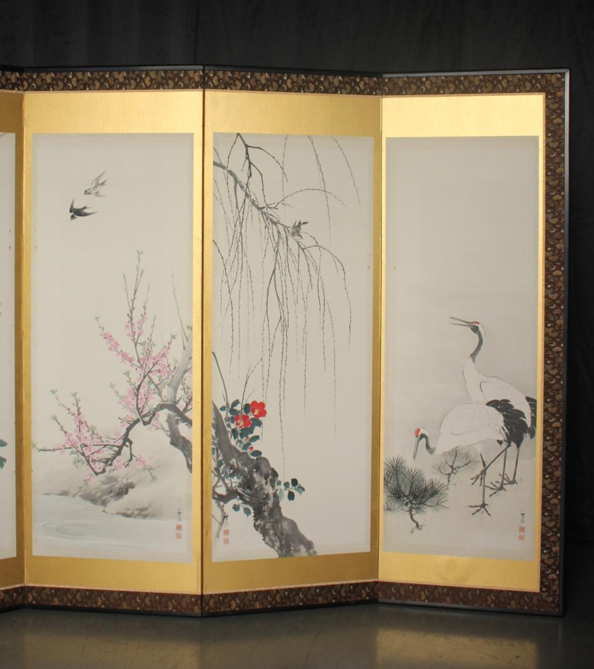 B4 JapaneseAntiques 6panels, Gold back, Flower&bird Chicken Crane, FoldingScreen en venta 5
