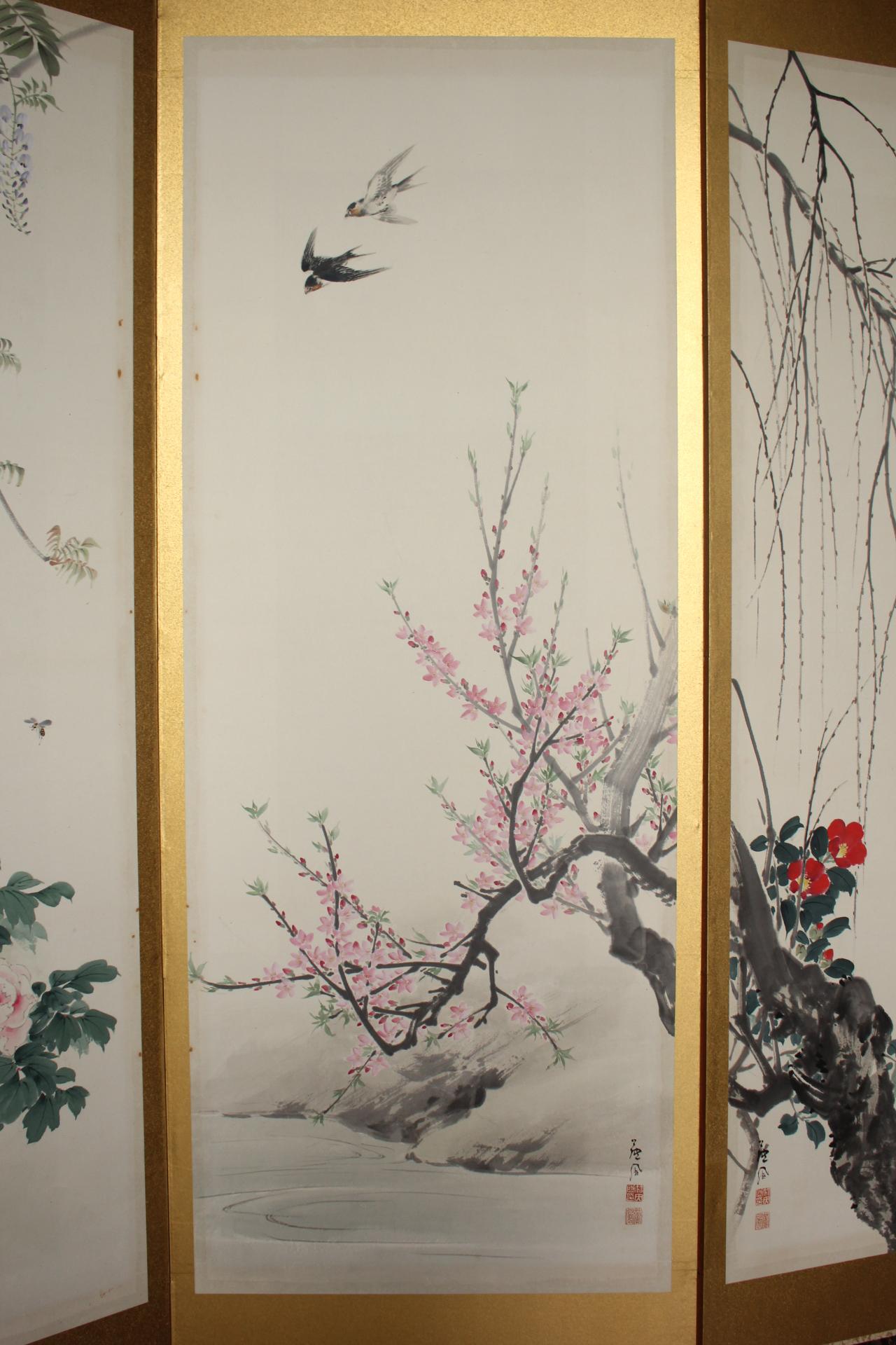 B4 JapaneseAntiques 6panels, Gold back, Flower&bird Chicken Crane, FoldingScreen en venta 6