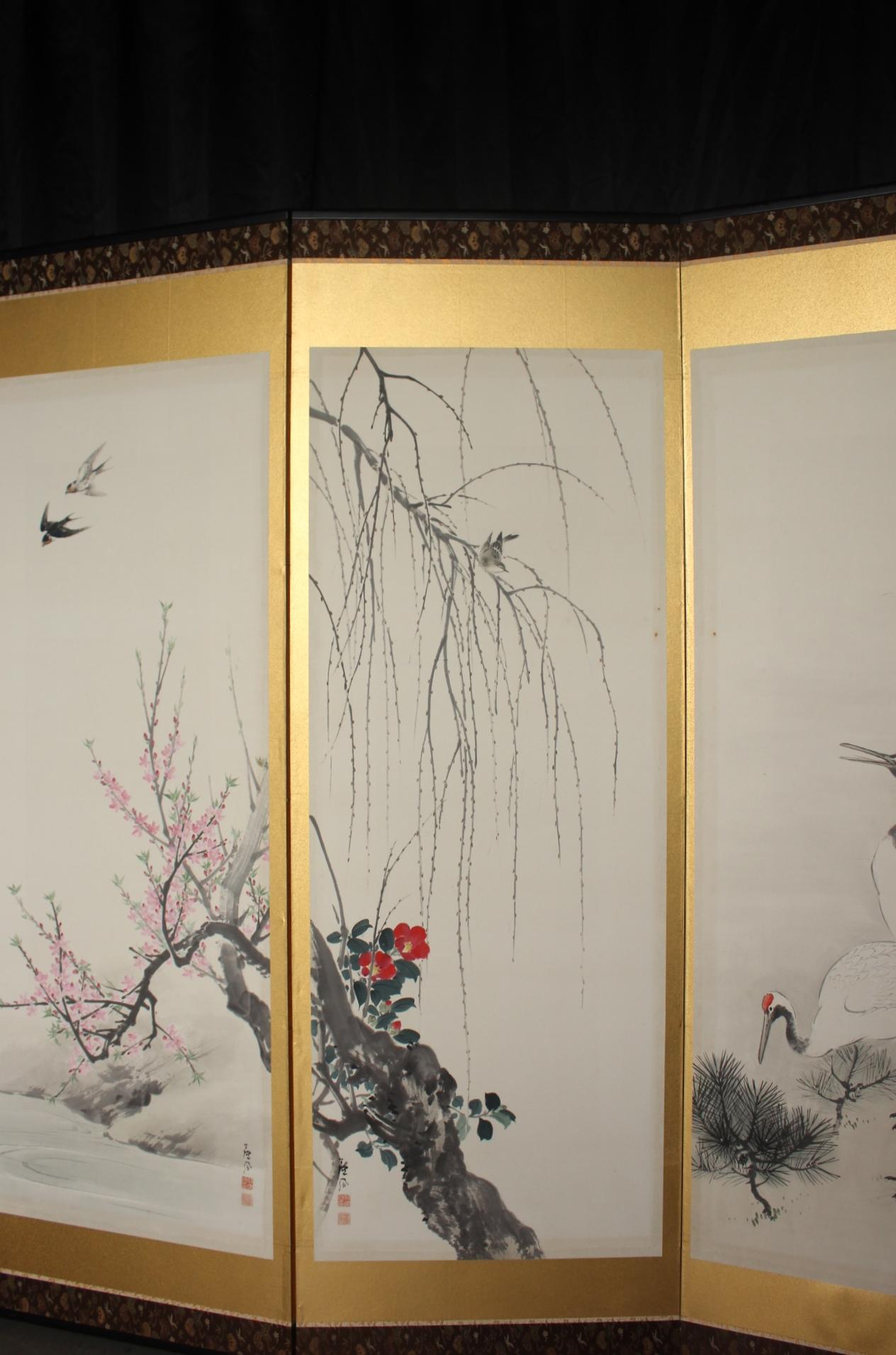 B4 JapaneseAntiques 6panels, Gold back, Flower&bird Chicken Crane, FoldingScreen en venta 8
