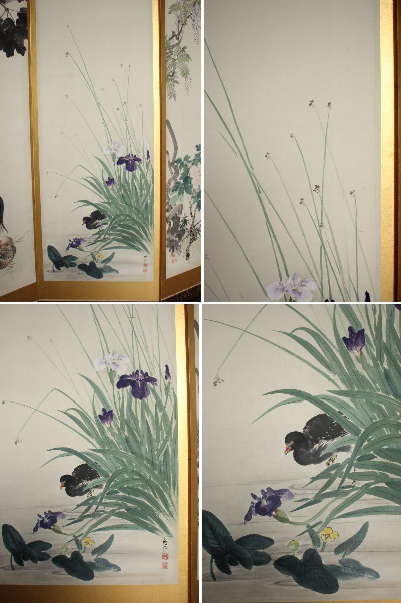 B4 JapaneseAntiques 6panels, Gold back, Flower&bird Chicken Crane, FoldingScreen siglo XIX en venta