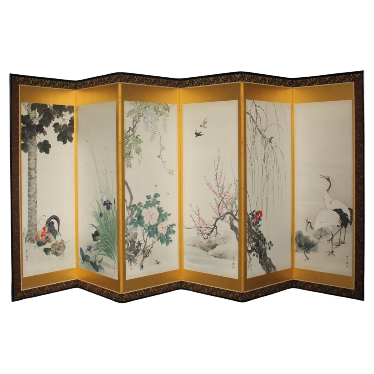 B4 JapaneseAntiques 6panels, Gold back, Flower&bird Chicken Crane, FoldingScreen