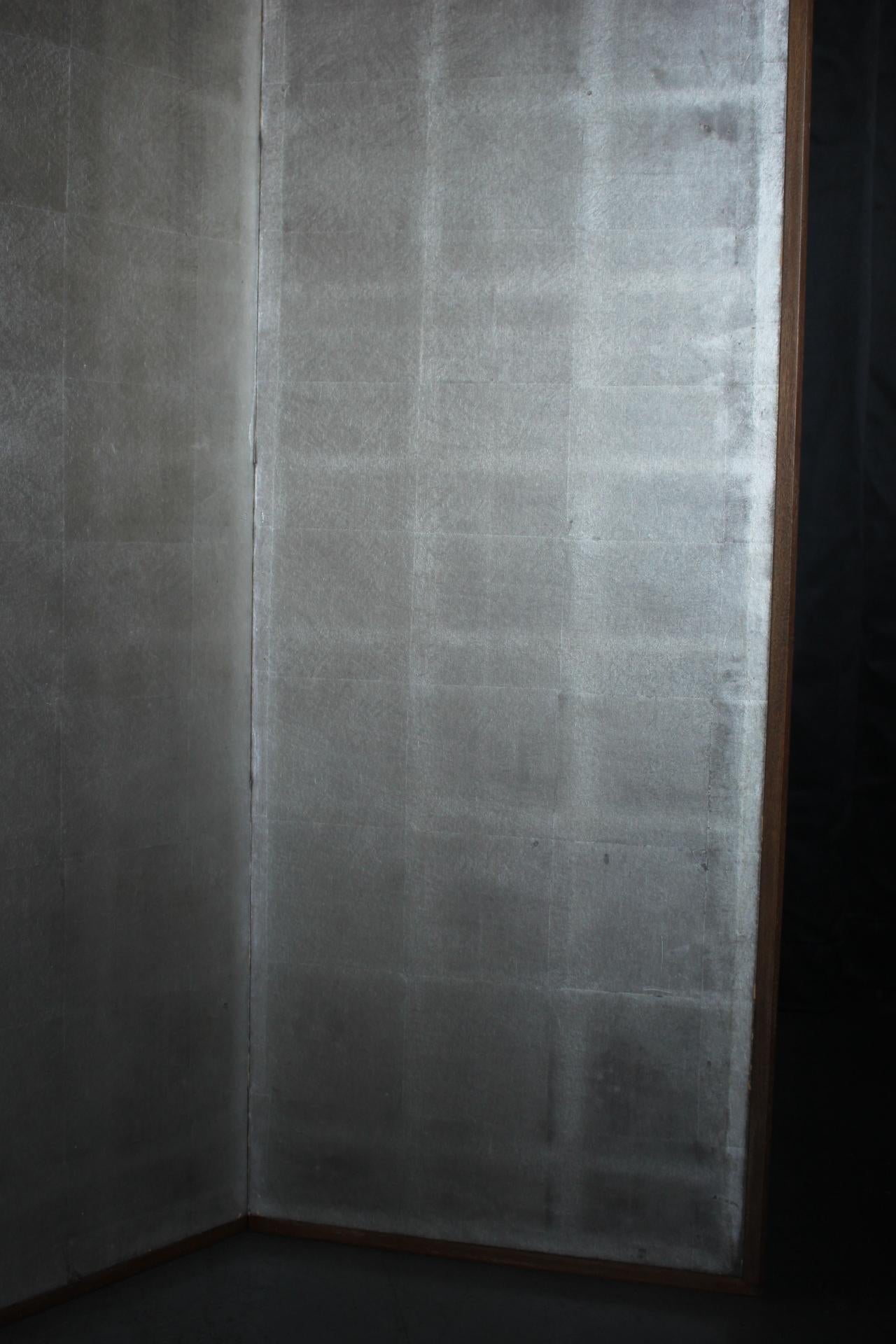 B41 Japanese Antiques 6panels, Silver Paper, folding Screen, brown-rimmed For Sale 11