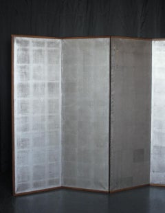 B41 Japanese Antiques 6panels, Silver Paper, folding Screen, brown-rimmed