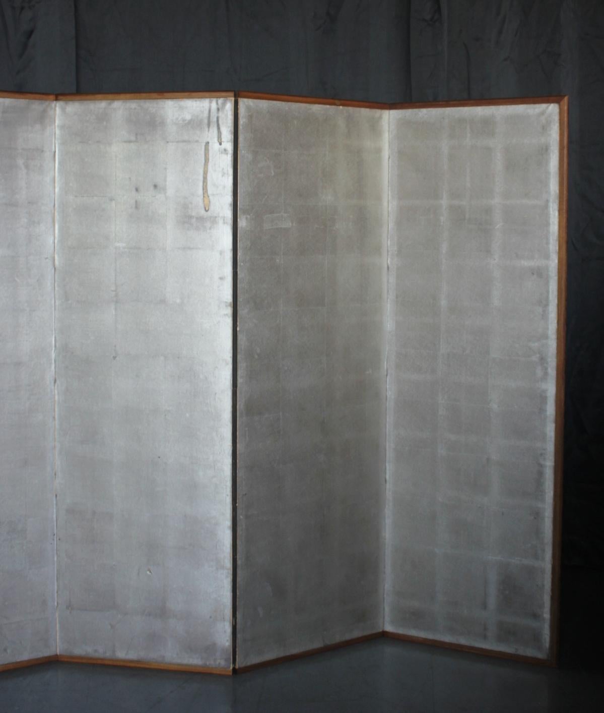 B41 Japanese Antiques 6panels, Silver Paper, folding Screen, brown-rimmed In Fair Condition For Sale In Niiza, JP