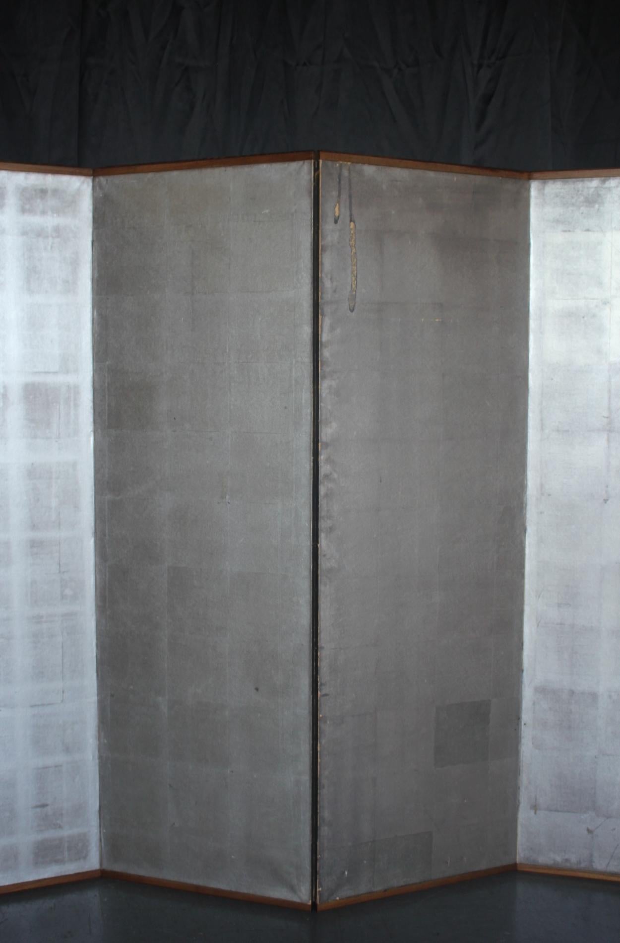 B41 Japanese Antiques 6panels, Silver Paper, folding Screen, brown-rimmed For Sale 3