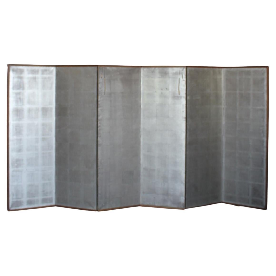 B41 Japanese Antiques 6panels, Silver Paper, folding Screen, brown-rimmed