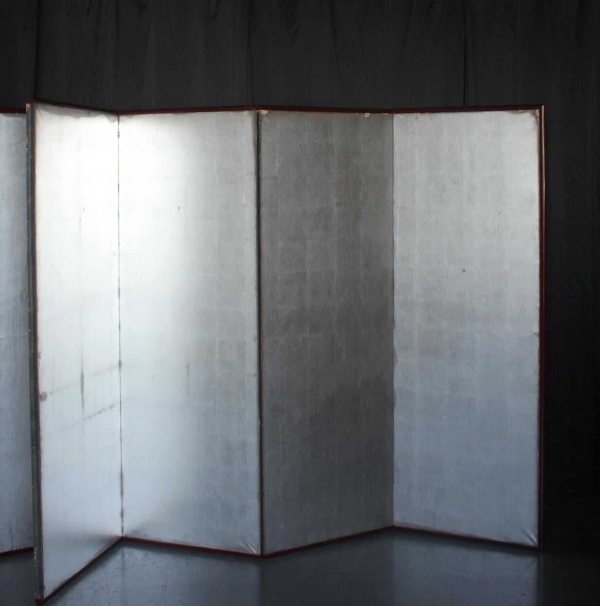 B42 Japanese Antiques 6panels, Silver Paper, folding Screen, red-rimmed For Sale 7