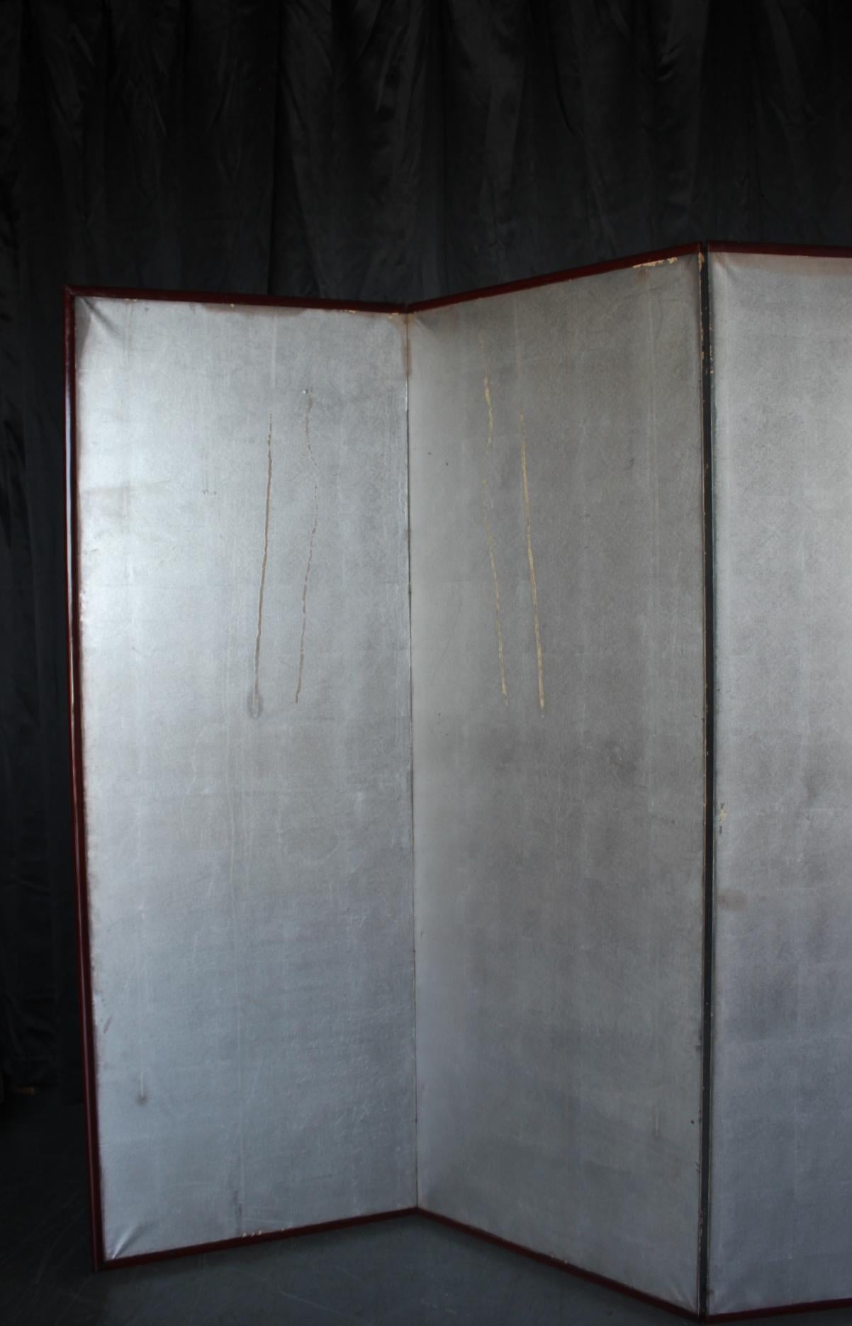 B42 Japanese Antiques 6panels, Silver Paper, folding Screen, red-rimmed In Fair Condition For Sale In Niiza, JP