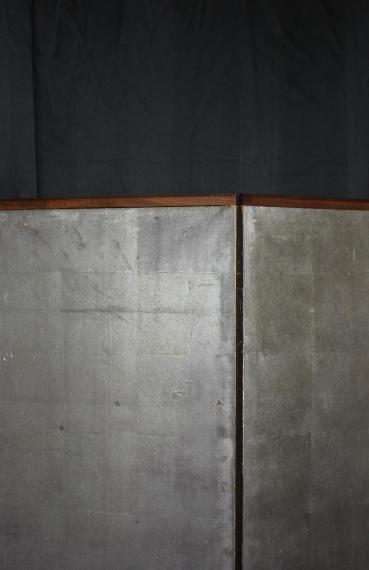 B46 Old Japanese 6panels, Silver Paper, folding Screen, brown-rimmed For Sale 6
