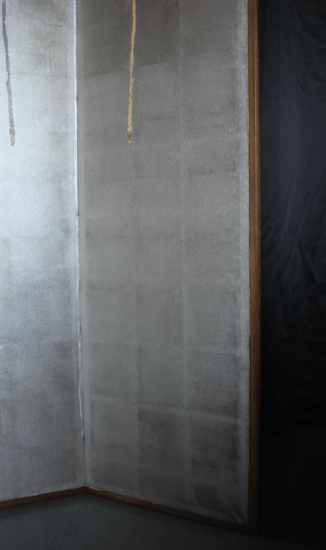 B46 Old Japanese 6panels, Silver Paper, folding Screen, brown-rimmed For Sale 11