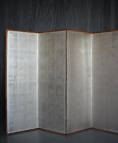 B46 Old Japanese 6panels, Silver Paper, folding Screen, brown-rimmed