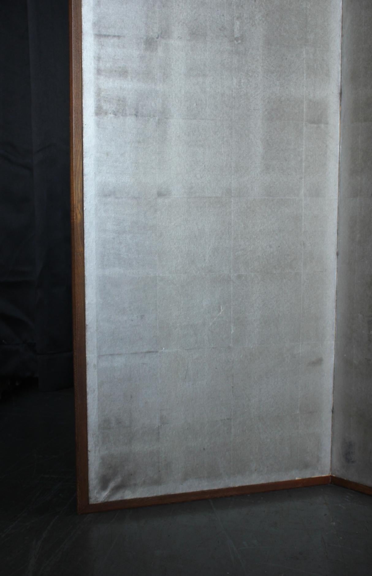 20th Century B46 Old Japanese 6panels, Silver Paper, folding Screen, brown-rimmed For Sale