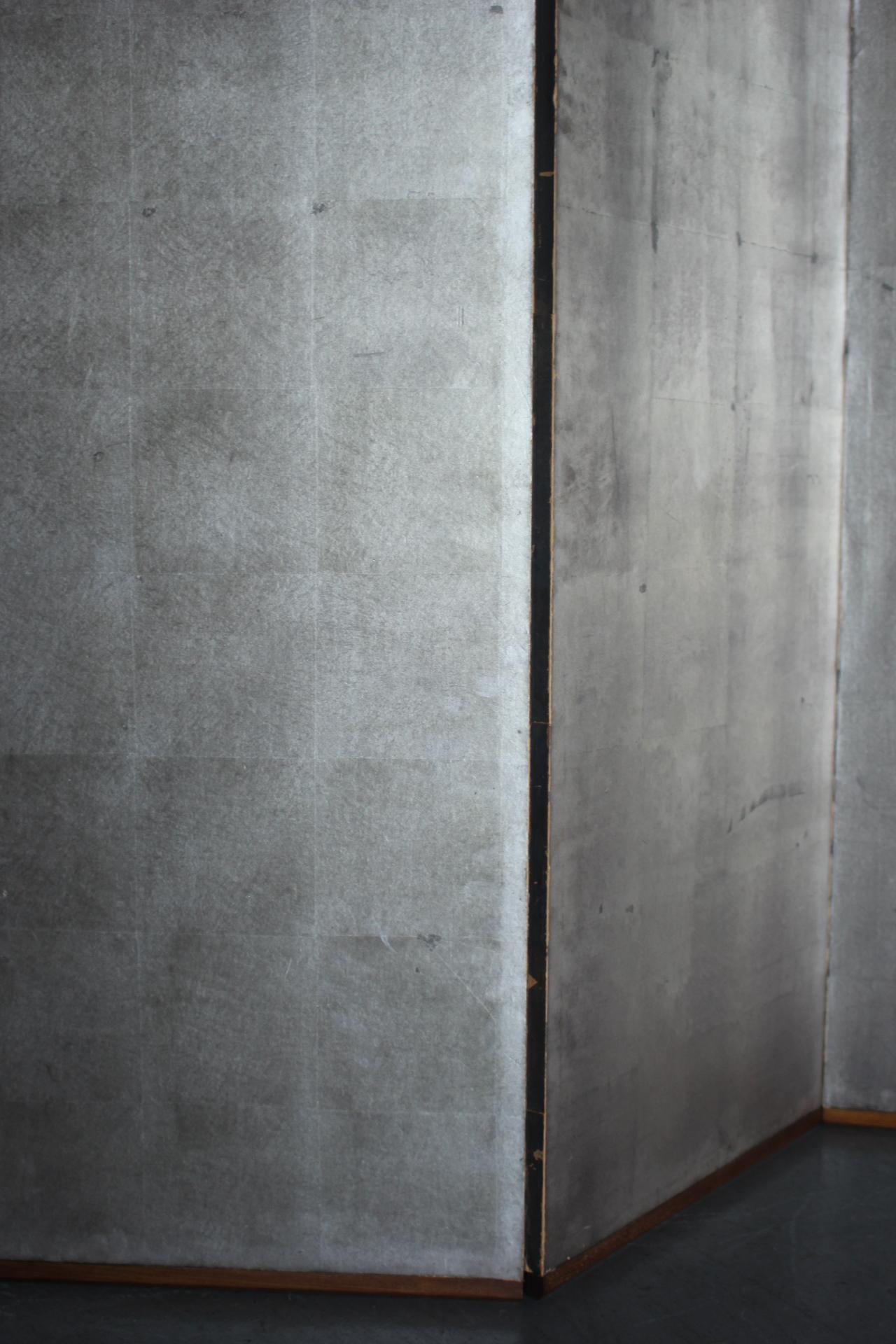 B46 Old Japanese 6panels, Silver Paper, folding Screen, brown-rimmed For Sale 2