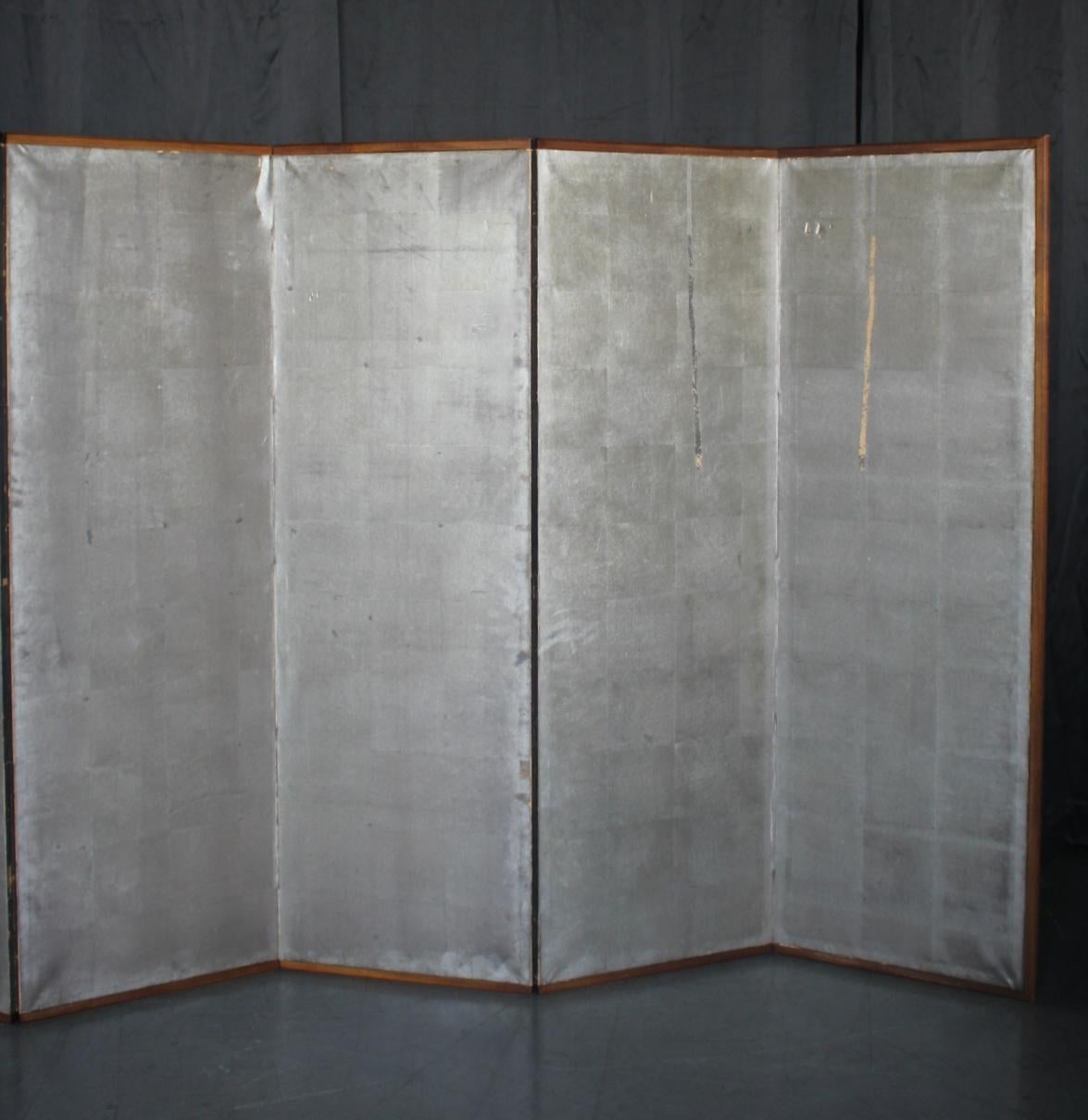 B46 Old Japanese 6panels, Silver Paper, folding Screen, brown-rimmed For Sale 5