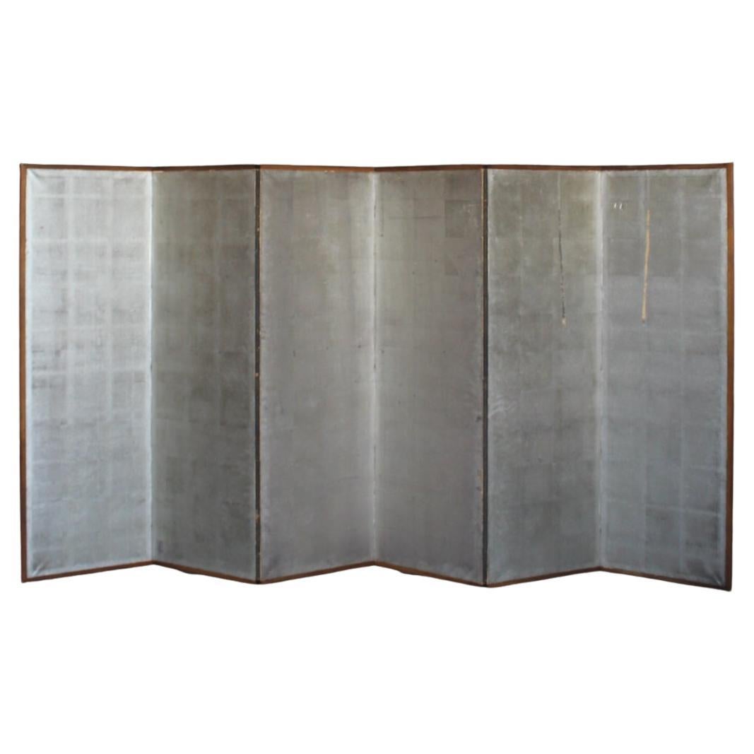 B46 Old Japanese 6panels, Silver Paper, folding Screen, brown-rimmed For Sale