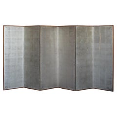 B46 Old Japanese 6panels, Silver Paper, folding Screen, brown-rimmed