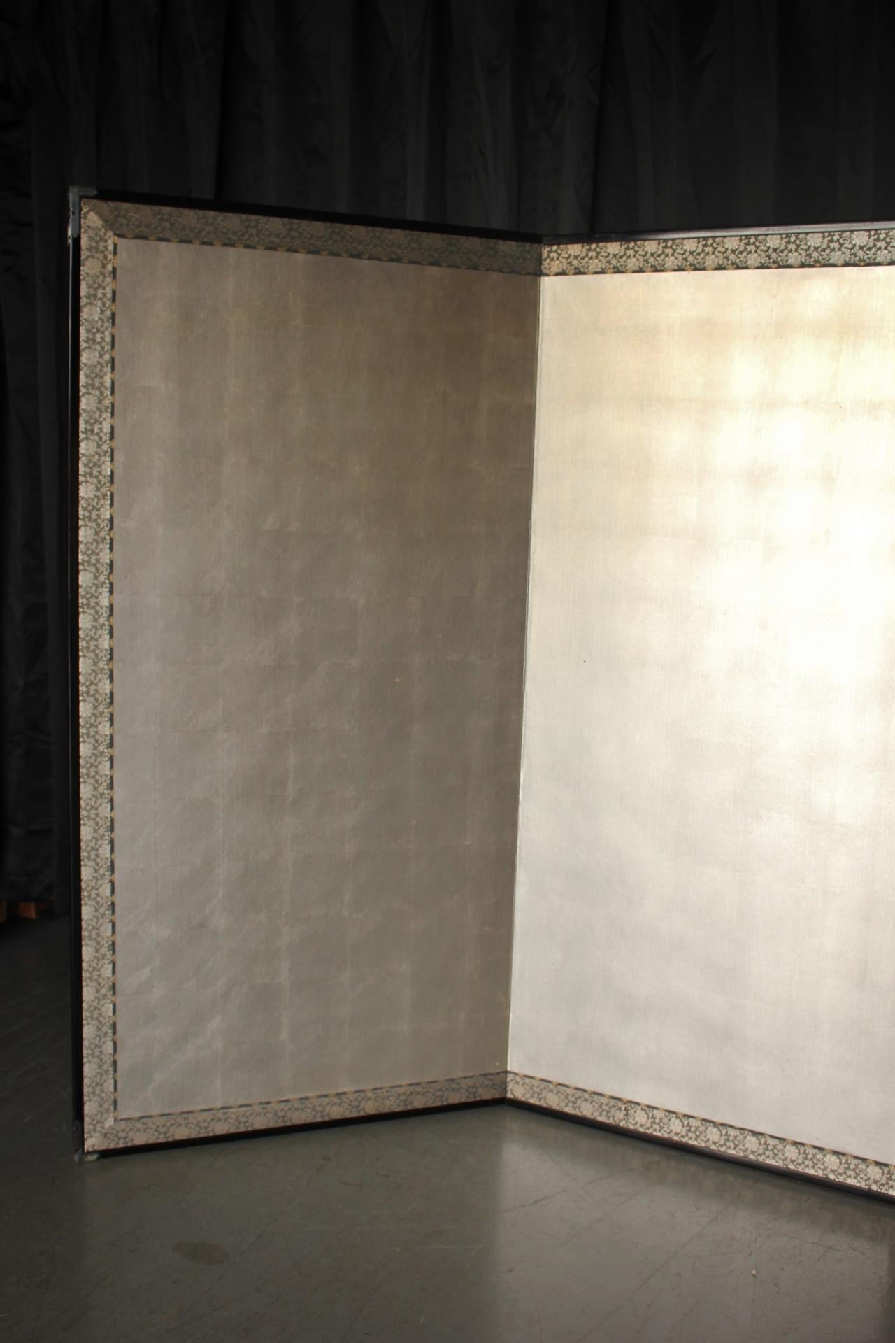 Paper B48 Old Japanese Silver folding screen, Byobu 2panel For Sale