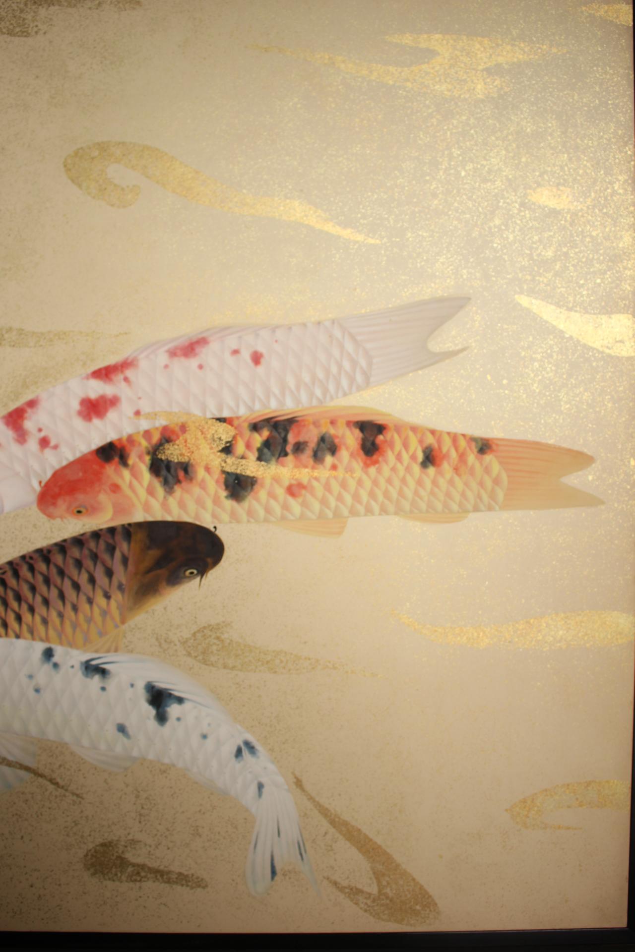 B53 Old Japanese Art a folding screen, Byobu 2panel, Carp in flowing water For Sale 7