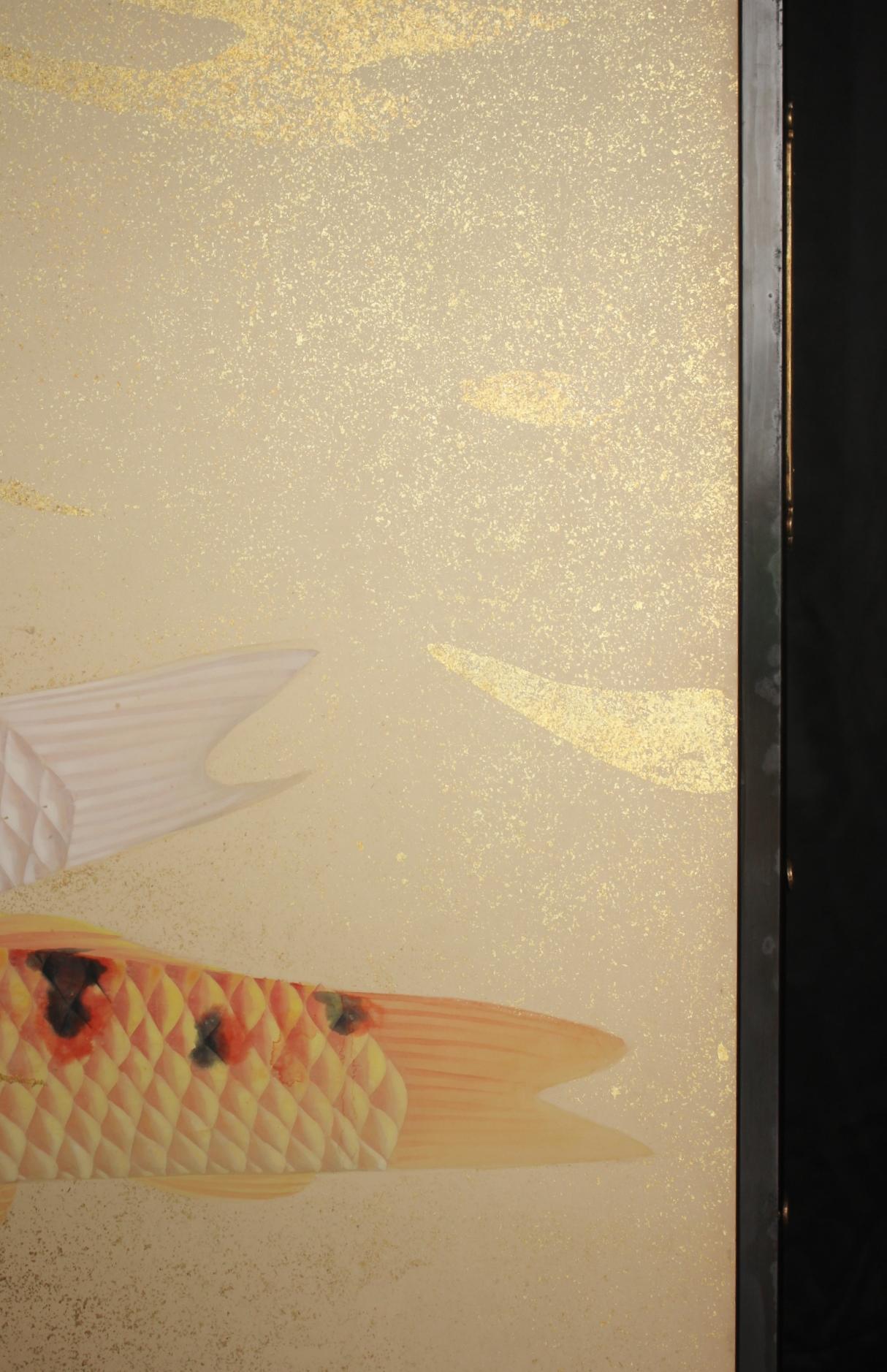 B53 Old Japanese Art a folding screen, Byobu 2panel, Carp in flowing water For Sale 10