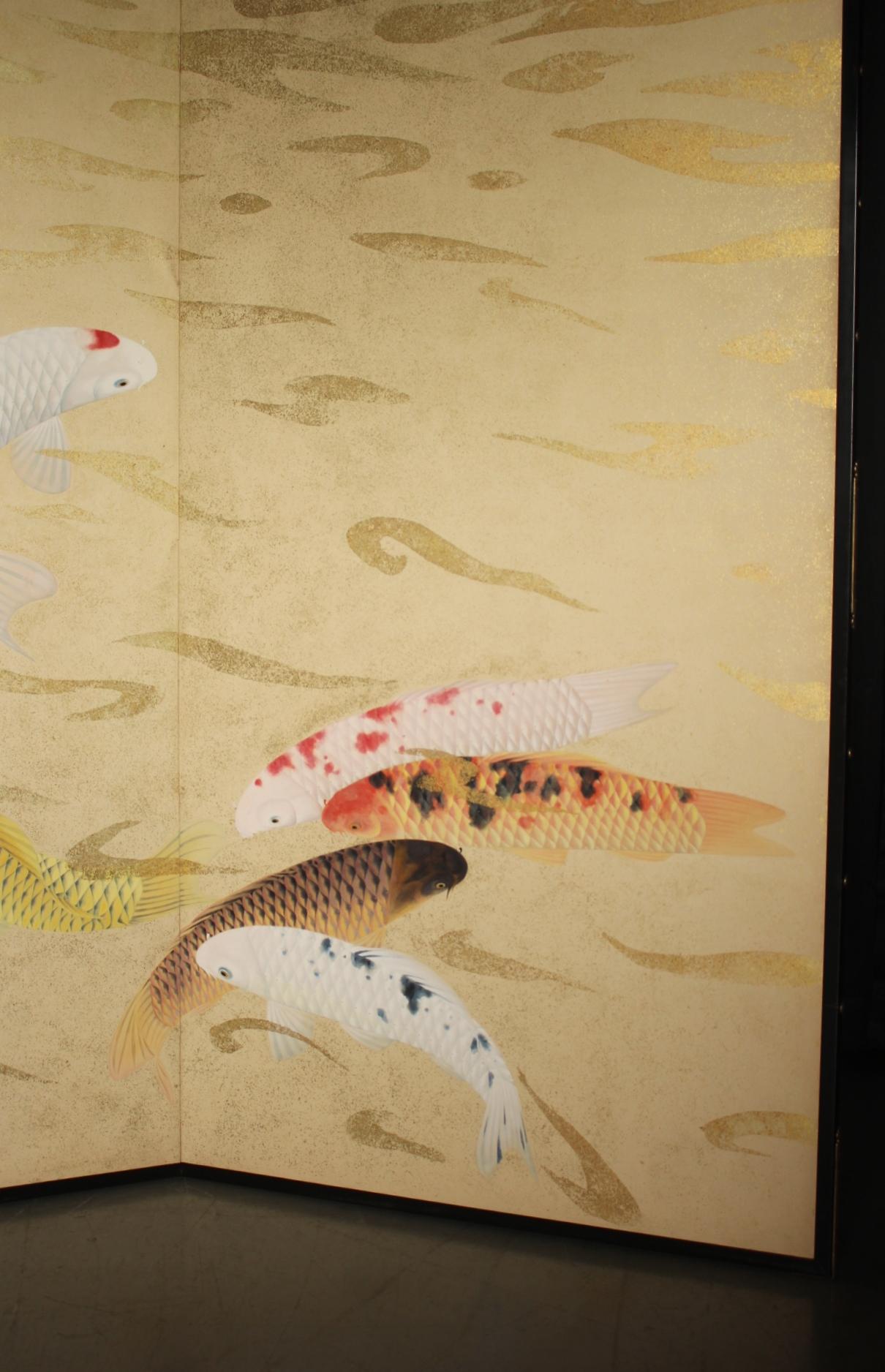 Hand-Painted B53 Old Japanese Art a folding screen, Byobu 2panel, Carp in flowing water For Sale