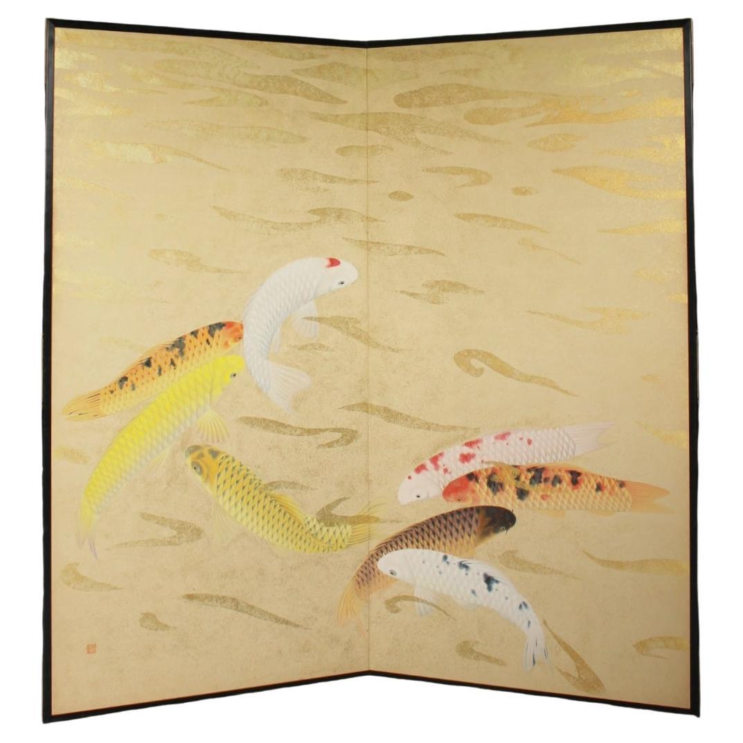 B53 Old Japanese Art a folding screen, Byobu 2panel, Carp in flowing water