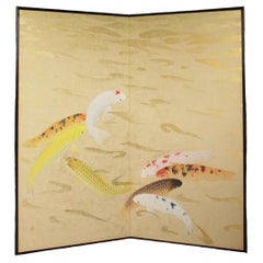 B53 Old Japanese Art a folding screen, Byobu 2panel, Carp in flowing water