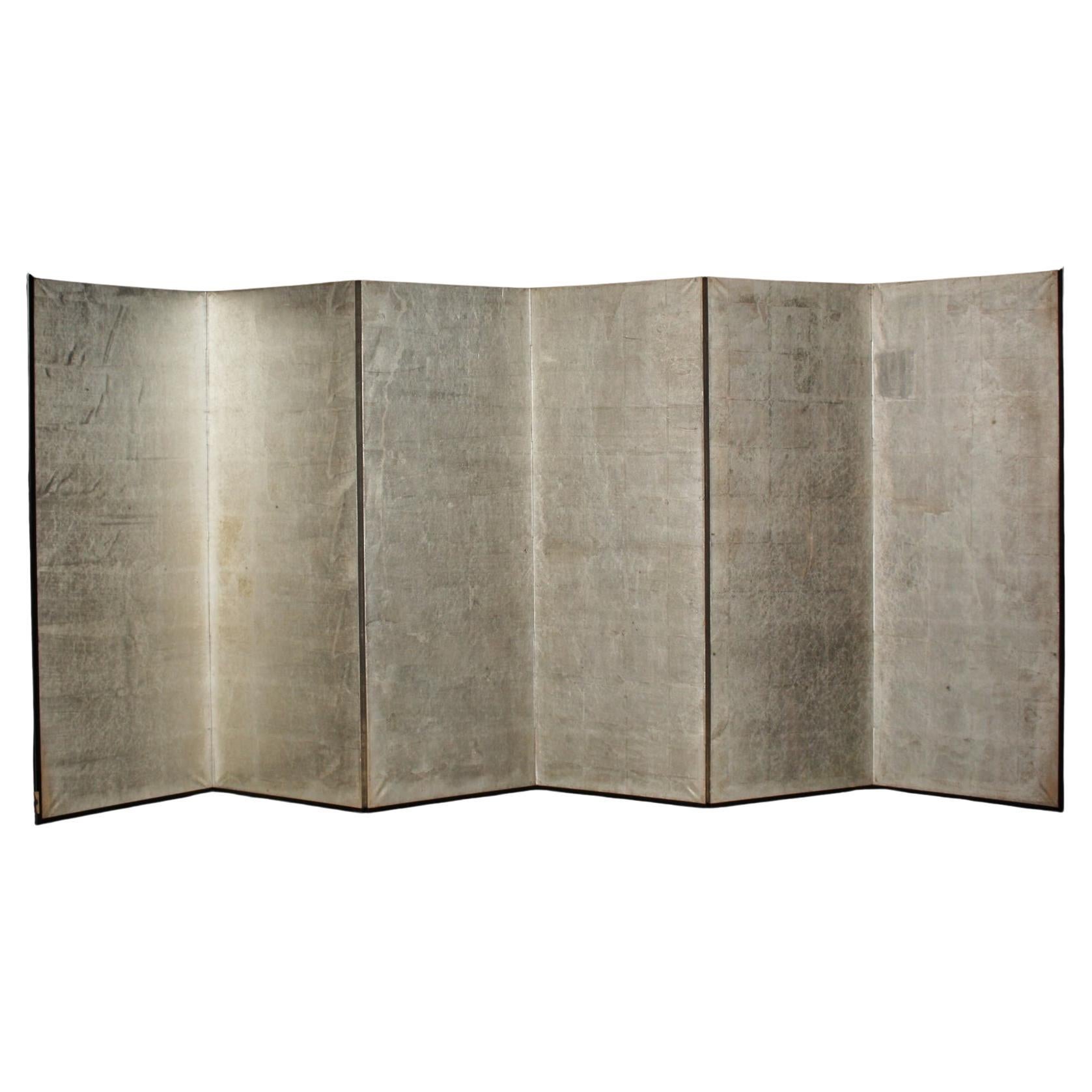 B56 Old Japanese silver paper 6panel folding screen middle size For Sale